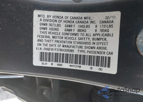 2011 Honda Civic Lx from USA, damaged, VIN 2HGFA1F57BH309089